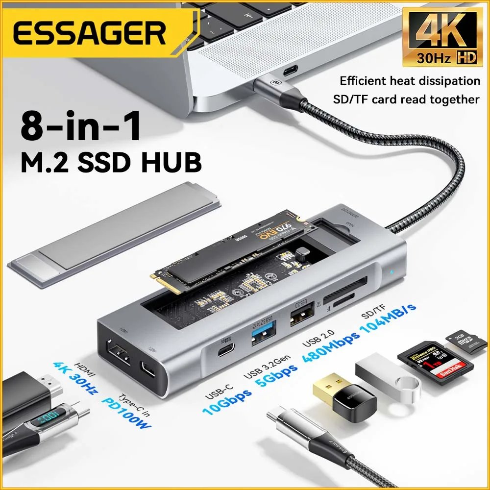 Essager ES-TA08 Hub USB-C 8-en-1 avec Boîtier SSD M.2 NVMe Intégré - Arsenal HANTKO